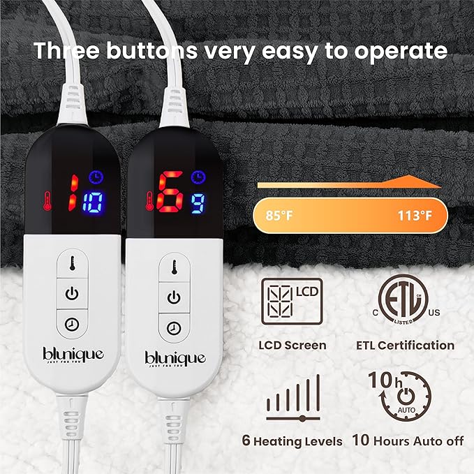 Heated Blanket Electric Blanket Queen Waffle, 84x90 Inches Dual Controllers Sherpa Fleece Fast Heating Blanket 6 Heating Levels & 10 Hours Auto Off ETL Certification,Charcoal Grey Queen