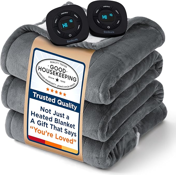 Bedsure Electric Blanket King Size - Dual Control Heated Blanket King Size, Fast Heating with 10 Time Settings & 10 Heat Settings, Warm Gift for Grandma (100x90 inches, Grey)