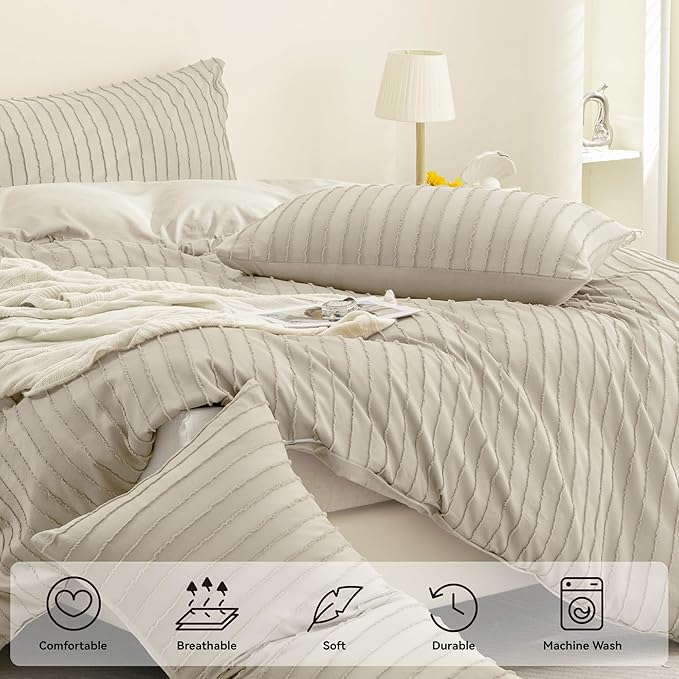 JELLYMONI Duvet Cover Full Size Light Khaki - 3PCS Boho Striped Duvet Cover Set Polyester Tufted Bohemian Textured Comforter Cover with Corner Ties & Zipper Closure
