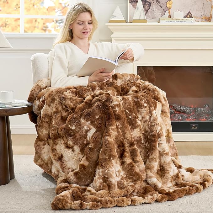 Cozy Bliss Faux Fur Throw Blanket for Couch, Fuzzy Soft Plush Thick Striped Blanket for Sofa Bedroom Living Room, 50 * 60 Inches Tie-dye Brown