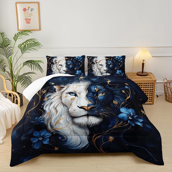 Black and Gold Flower Lion Comforter Set Full Size，Animal Print Full Size Bedding Set for Boy，with 1 Comforter with 2 Pillow Case