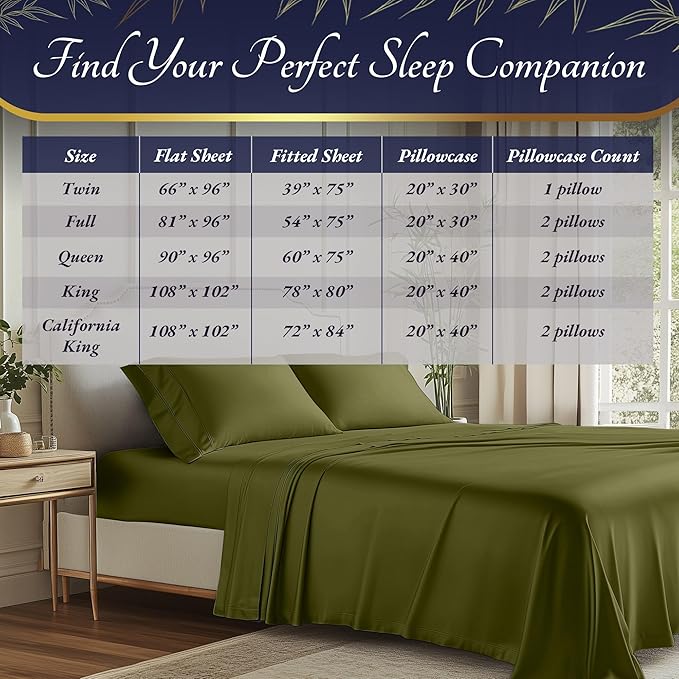 DECOLURE 100% Viscose Derived from Bamboo Sheets Full Size 4pcs - Ultra Soft & Luxuriously Cooling, 17" Deep Pocket, Double Stitching, Perfect for Hot Sleepers - Full Bed Sheets (Light Olive)