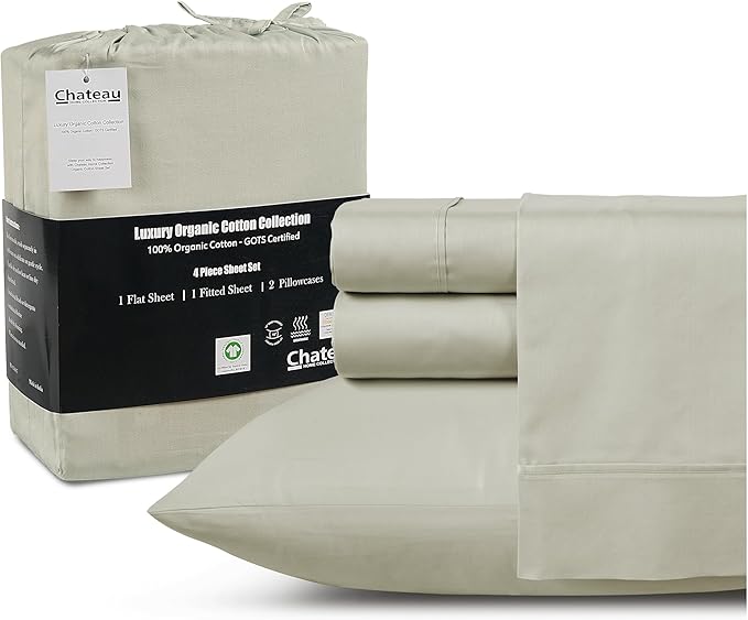 CHATEAU HOME COLLECTION 100% Organic Cotton Sheets Twin Size, Soft & Comfy Breathable 300 Thread Count Deep Pocket Sheets for All Seasons, Machine Washable No Pill Thick Cotton Bed Sheet – Sage