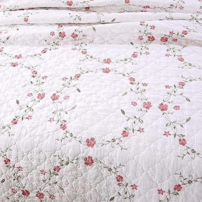 Quilt Set Circular Floral 3D Embroidery Pattern 3 PCS 100% Cotton Reversible Quilted Embroidered Decorative Bedspreads Coverlet Set, Lightweight &Soft King Size White Bedding Coverlet for All Season