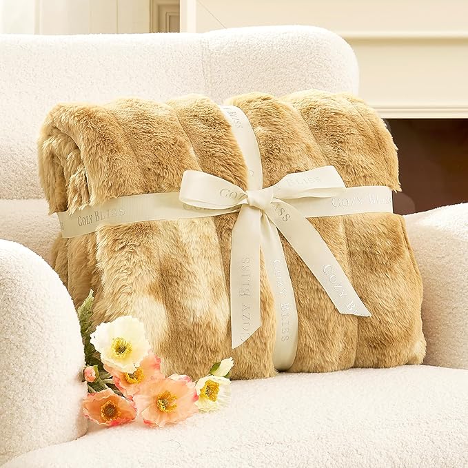 Cozy Bliss Faux Fur Throw Blanket for Couch, Fuzzy Soft Plush Thick Striped Blanket for Sofa Bedroom Living Room, 60 * 80 Inches Tie-dye Khaki