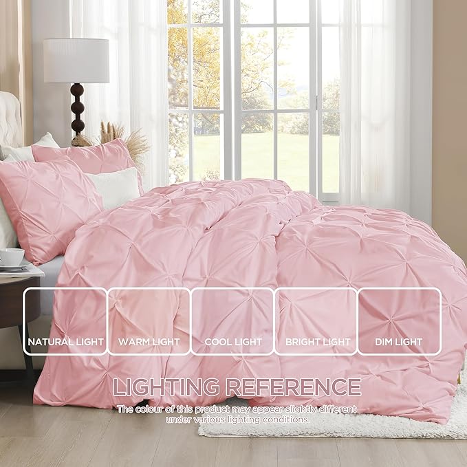 Litanika Pink Queen Pinch Pleat Duvet Cover, 3 Pieces Pintuck Cover Soft Microfiber Bedding Set with Zipper Closure & Corner Ties(90x90Inch-1 Duvet Cover, 2 Pillowcases)