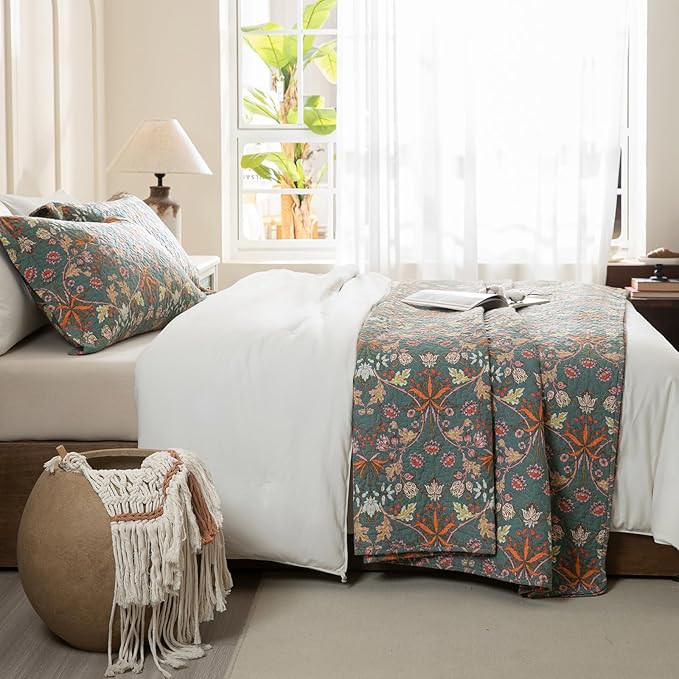 Lady Ann 100% Cotton Floral Quilt Sets Queen - Vibrant Paisley Flowers Pattern Plant Botanical Printed Quilted Bedspread & Coverlet Set, 3 PCS Lightweight Extra Soft Queen Bedding Sets All Season