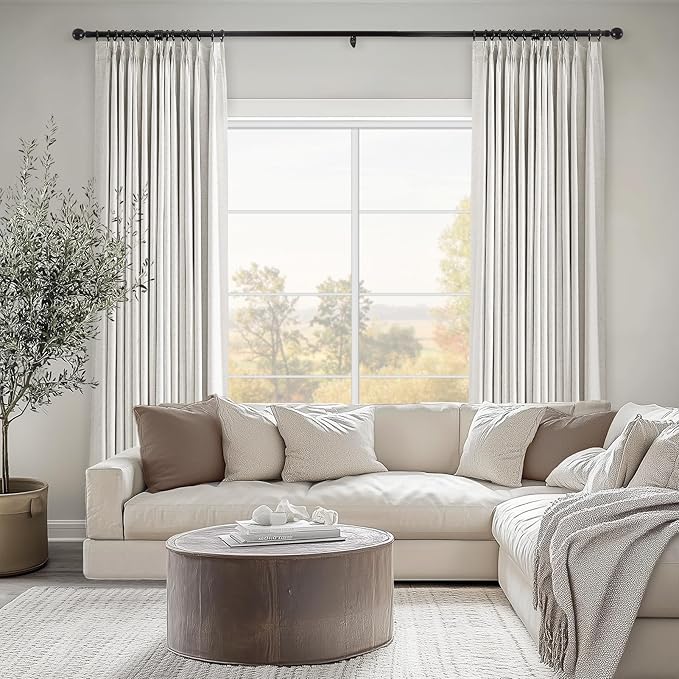 Topfinel 120 Inches Long Extra Long Pinch Pleat Faux Linen Curtains for Living Room,Neutral Beige 100 Percent Blackout Floor to Ceiling Farmhouse Sound Absorbing Drapes 2 Panels for Track System 10 FT
