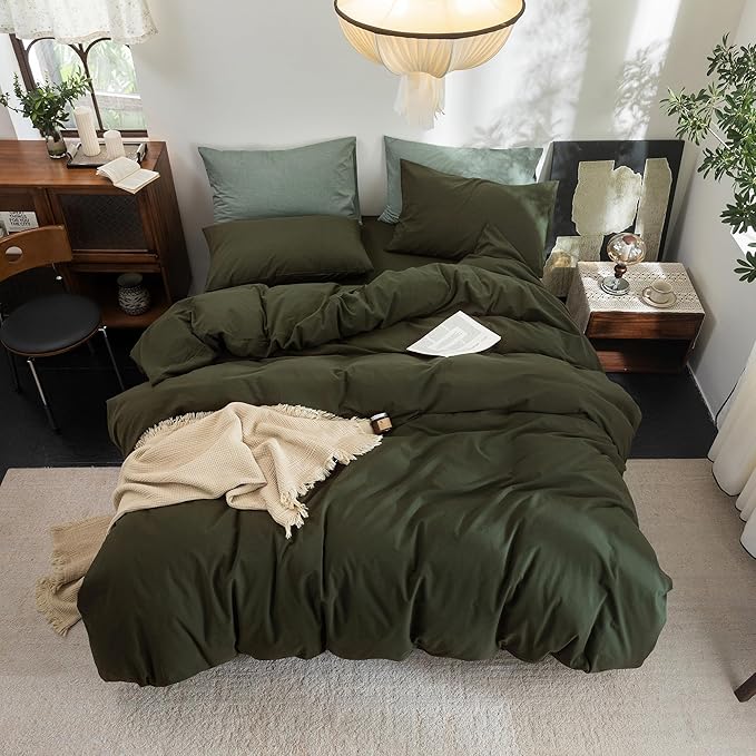 FOSSA Duvet Cover Set 100% Washed Cotton Linen Feel Super Soft Breathable Cozy 3 Pieces Bedding Sets Solid Olive Green Super Queen