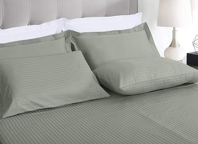 Threadmill 100% Cotton Sheets for Twin XL Size Bed - 600 Thread Count Twin XL Bed Sheets Set with 15” Deep Pocket - Damask Stripe Sateen Weave 3-Piece Bedding Set with Cooling Effect, Moonrock Grey