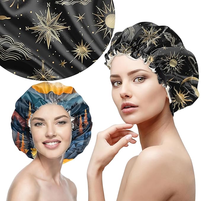 2 PCS Bonnets for Women Girls Satin Hair Bonnet Silk Adjustable Elastic Double Layer Hair Wrap Sleep Cap Comfort Cute-Sun Moon Sunset