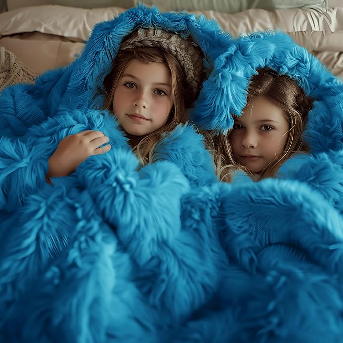 Bedsure GentleSoft Fluffy Bright Blue Blankets Queen Size for Bed, Thick Sherpa Faux Fur Fleece Fuzzy Plush Winter Warm Soft Queen Blankets, Bedroom Decor Blue Cozy Gifts for Women Men, 90x90