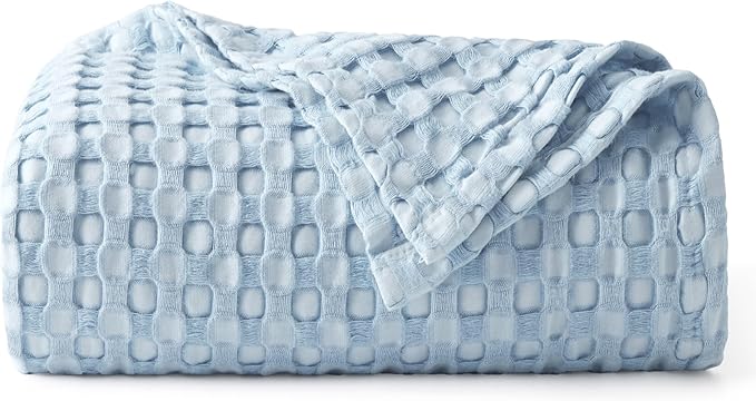 Bedsure Cooling Cotton Waffle Twin XL Blanket - Lightweight Breathable Blanket of Rayon Derived from Bamboo for Hot Sleepers, Luxury Throws for Bed, Couch and Sofa, Blue, 66x90 Inches