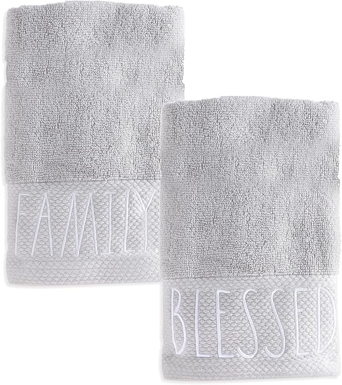 Rae Dunn Hand Towels, Embroidered Decorative Hand Towel for Kitchen and Bathroom, 100% Cotton, White- Blessed/Family, 16"x 28"