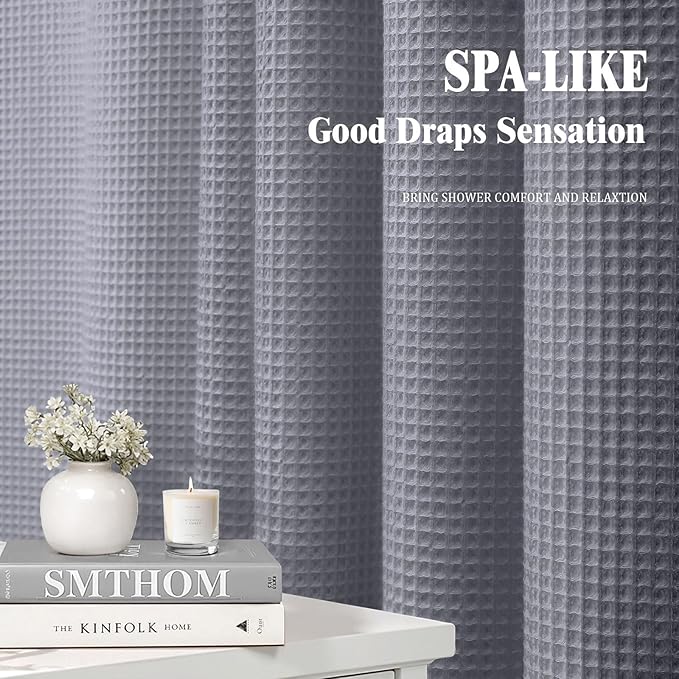 Long Waffle Shower Curtain - Grey Cotton Texture Fabric Heavyweight Shower Curtain for Bathroom,72Wx78L