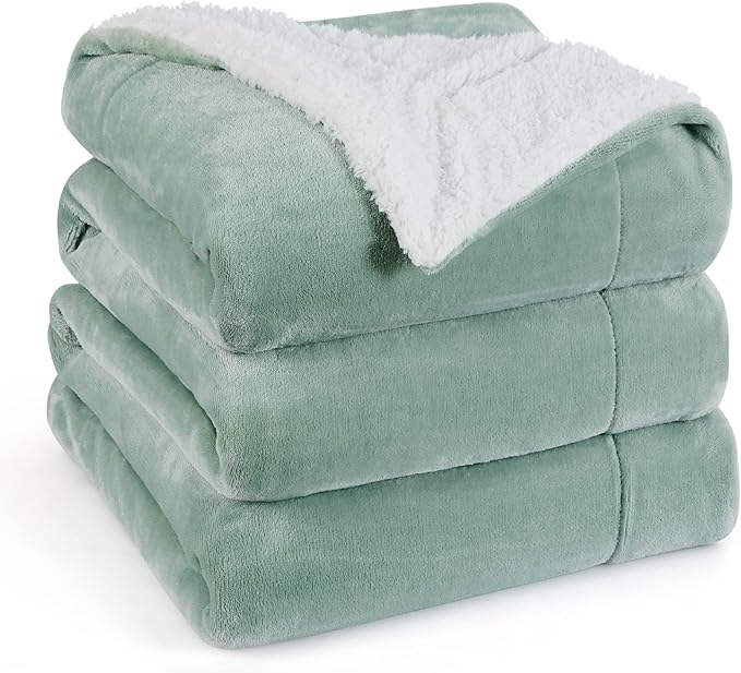 Bedsure GentleSoft Sherpa Fleece Blankets Queen Size for Bed - Thick and Warm Throw for Women and Men, Soft Fuzzy Plush Queen Blanket for Winter, Sage Green, 90x90 Inches