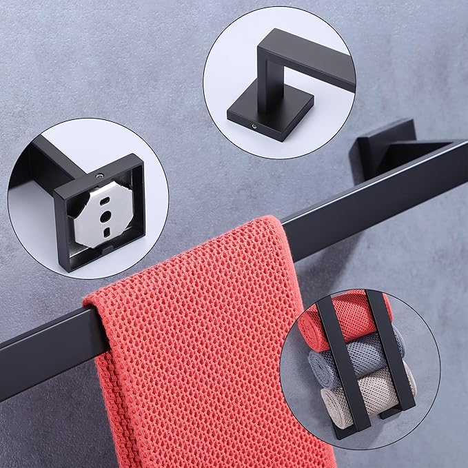 LANC 32-Inche Long Towel Bars for Bathroom Wall Mounted, Matte Black Bath Towel Racks Stainless Steel Towel Rods Total-33.5” Towel Rails Kitchen Towel Hanger Square Towel Holder, A8804MB-8P1