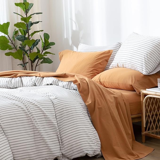 MooMee Bedding Sheet Set 100% Washed Cotton Linen Like Textured Breathable Durable Soft Comfy (Solid Burnt Orange, Twin XL)