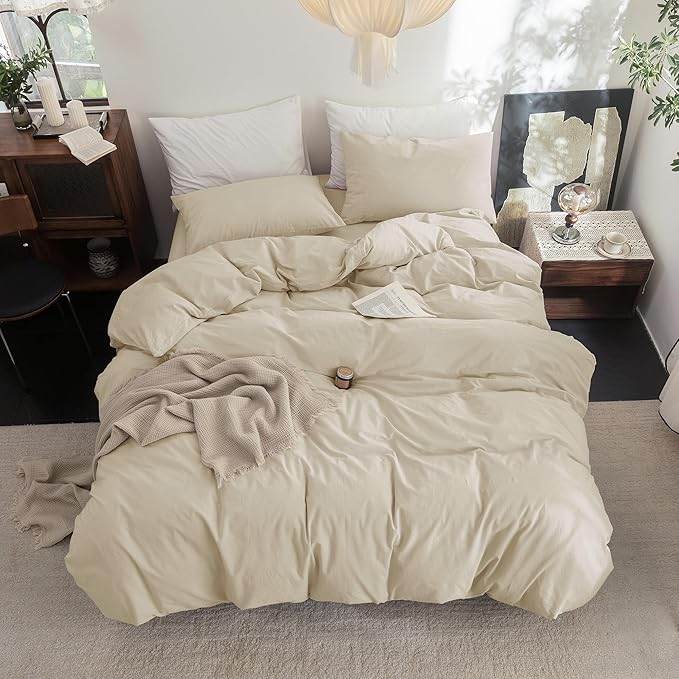 FOSSA Duvet Cover Set 100% Washed Cotton Linen Feel Super Soft Breathable Cozy 3 Pieces Bedding Sets Solid Almond Grey Super King