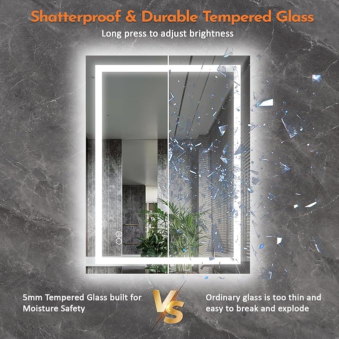 LED Bathroom Mirror with Backlit & Front Light, 40"x32" Anti-Fog, Memory Function, Dimmable Color & Brightness,CRI90+, IP54 Waterproof, Horizontal/Vertical, Wall Mounted