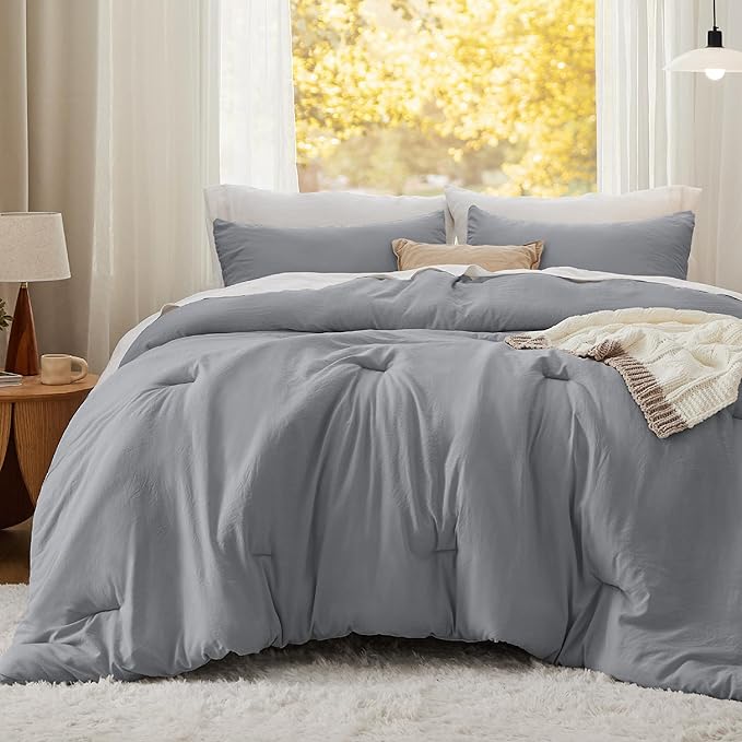 Bedsure King Size Comforter Set, Grey Soft Prewashed Bedding for All Seasons, 3 Pieces GentleSoft™ Warm Down Alternative Bed Set, 1 Lightweight Comforter (104"x90") and 2 Pillowcases (20"x36")