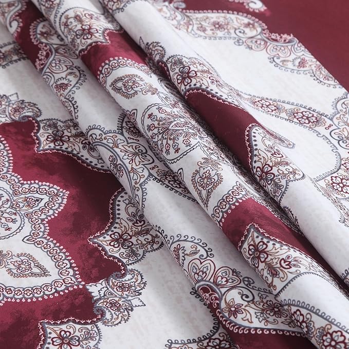 Burgundy Shower Curtain 72x72 Inches, Water Repellent Fabric with Medallion Pattern, 12 Metal Grommets and Weighted Hem