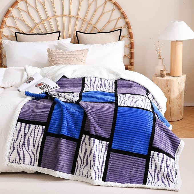 PU MEI Sherpa Blanket Fleece Throw Blanket Queen Plaid Thick Bed Blanket, Soft Warm Cozy Throw Blanket, 80”*90” Zabra-Blue Grey