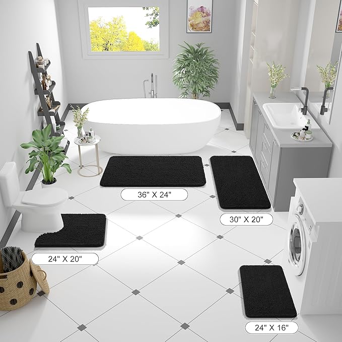 OLANLY Bathroom Rugs 44x32, Extra Soft Absorbent Chenille Bath Rugs, Rubber Backing Quick Dry, Machine Washable Bath Mats for Bathroom Floor, Tub and Shower, Home Decor Accessories, Black