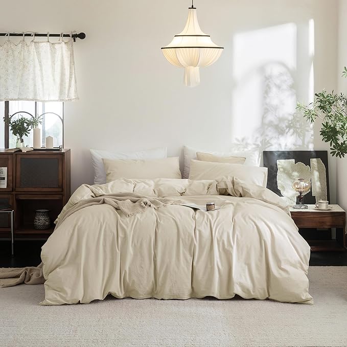FOSSA Duvet Cover Set 100% Washed Cotton Linen Feel Super Soft Breathable Cozy 3 Pieces Bedding Sets Solid Almond Grey Super King