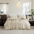 FOSSA Duvet Cover Set 100% Washed Cotton Linen Feel Super Soft Breathable Cozy 3 Pieces Bedding Sets Solid Almond Grey Oversized Queen