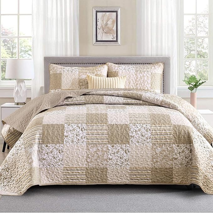Mybedsoul Beige Boho Quilt Set King Size, 3 Pieces Plaid Floral Bedspread Set Patchwork Reversible Bedding Set Microfiber Bedding Bedspread Coverlet Set for All Season 90"x104"