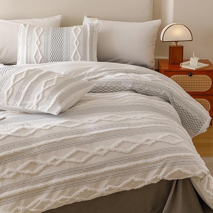Cottonight White Black Boho Comforter Set Twin Farmhouse Tufted Bedding Set Soft Bohemain Shabby Chic Blanket Quilts Embroidery Rustic Luxury Soft 3PCS Bed Set for Women Men