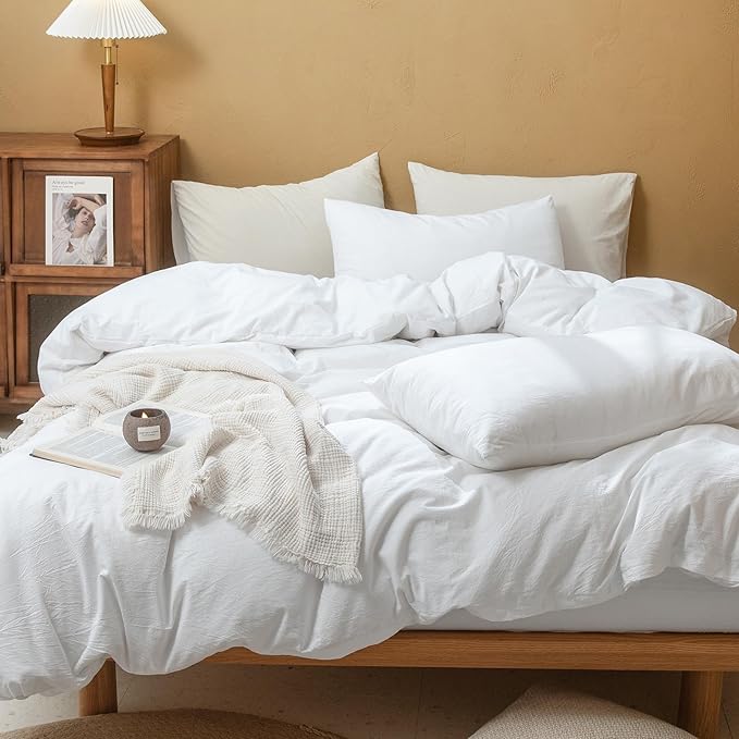 FOSSA Duvet Cover Set 100% Washed Cotton Linen Feel Super Soft Breathable Cozy 3 Pieces Bedding Sets Solid Bright White Full/Double