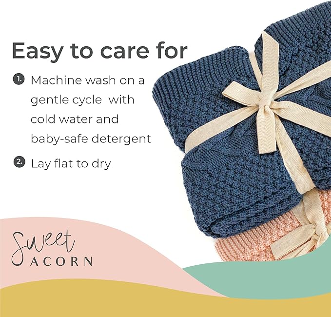 Knit Baby Blanket in Cable Pattern, Organic Cotton Blankets for Crib or Stroller, Receiving Blankets - Bay Blue