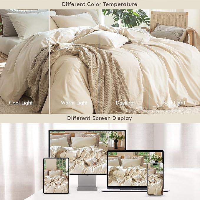 MooMee Bedding Duvet Cover Set 100% Washed Cotton Linen Like Textured Breathable Durable Soft Comfy (Heathered Almond Milk Grey, Super King 108"x98")