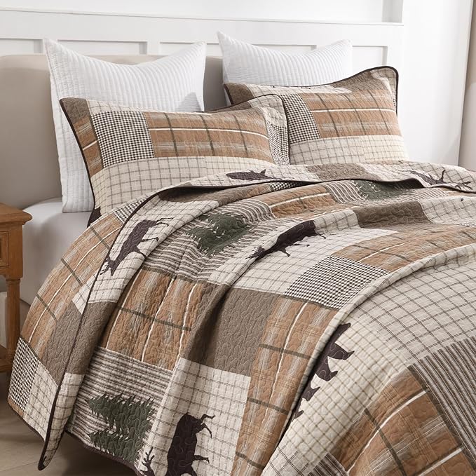 Uniclinens 100% Cotton Quilts King Size - Farmhouse Cabin Lodge Bear Deer Tree King Quilt Set, Soft Patchwork Plaid Bedspread Lightweight Quilted Comforter with 2 Pillow Shams, Green/Brown/Cream
