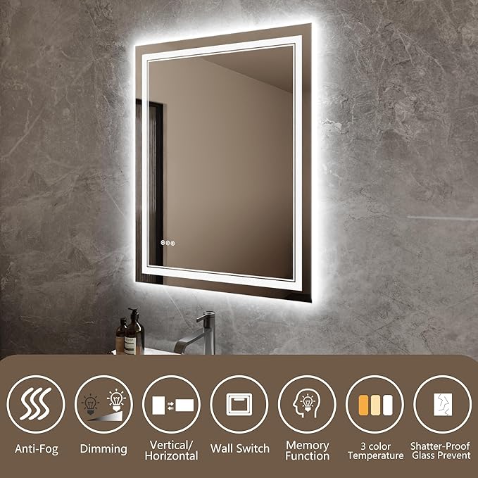 Bathroom Mirror with Lights 32"X40" with Front Light and Backlit, Tempered Glass, Wall Mount Horizontal/Vertical, Stepless Dimmable, 3 Colors, Anti Fog, Bathroom Memory LED Mirror