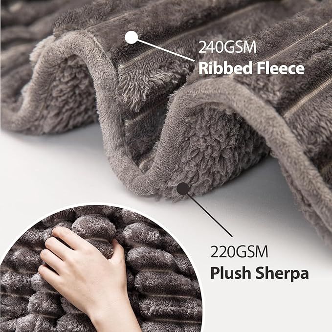 Sherpa Fleece Weighted Blanket with 3D Ribbed Stripes, 12 lbs Soft Flannel Heavy Throw Blanket for Couch Bed Sofa, Heavy Thick Blankets with Ceramic Beads, Great for Sleep, 48" x 72"