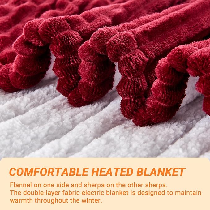 Heated Blanket Electric Throw, Soft Flannel Heating Blanket with 8 Hours Auto Off 10 Fast Heating Levels Machine Washable Sherpa Heated Blanket with Overheating Protection