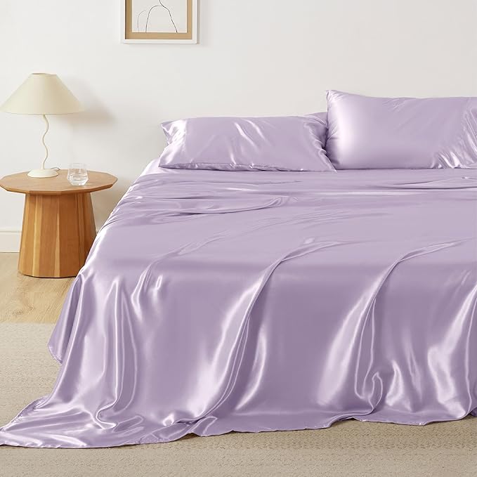 Bedsure Satin Sheets Full Size - 4 Piece Silky Bedsheets with 15 Inches Deep Pocket Fitted Bedsheet,1 Flat Sheet, 2 Satin Pillowcases, Good for Hair & Skin (Full, Lavender)