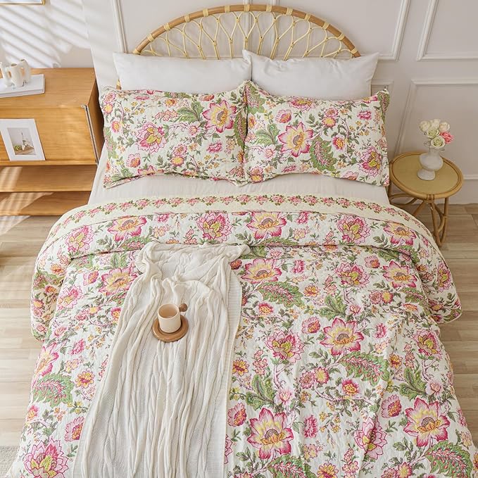 Cmfshape Floral Quilt Sets Bedspread Set 100% Cotton Bedding Set, All Season Use Lightweight Reversible Coverlet Quilts with 2 Pillow Shams(Queen 92"x96")