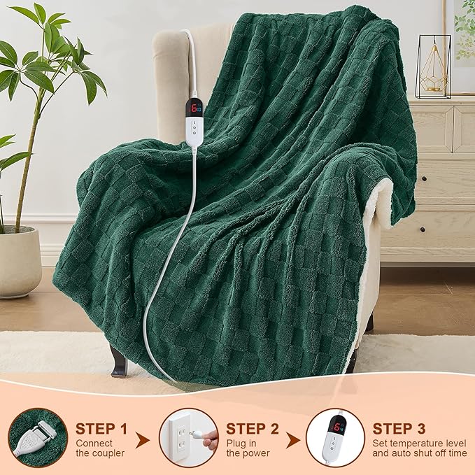 Electric Heated Blanket Full Size - Jacquard Checkered Sherpa 72"x84" Fast Heating Bed Blankets with 6 Heating Levels & 10 Hours Auto Off, Over-Heat Protection ETL, Dark Green