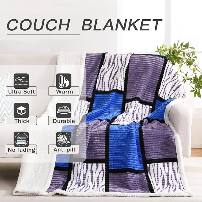 PU MEI Sherpa Blanket Fleece Throw Blanket Queen Plaid Thick Bed Blanket, Soft Warm Cozy Throw Blanket, 80”*90” Zabra-Blue Grey