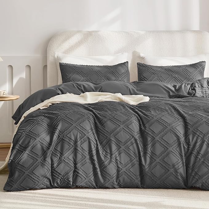 JELLYMONI Duvet Cover Queen Size Dark Grey - 3PCS Boho Duvet Cover Set Plaid Polyester Tufted Bohemian Jacquard Knit Textured Comforter Cover 90×90in Rhombic Geometric Pattern Zipper Corner Tie