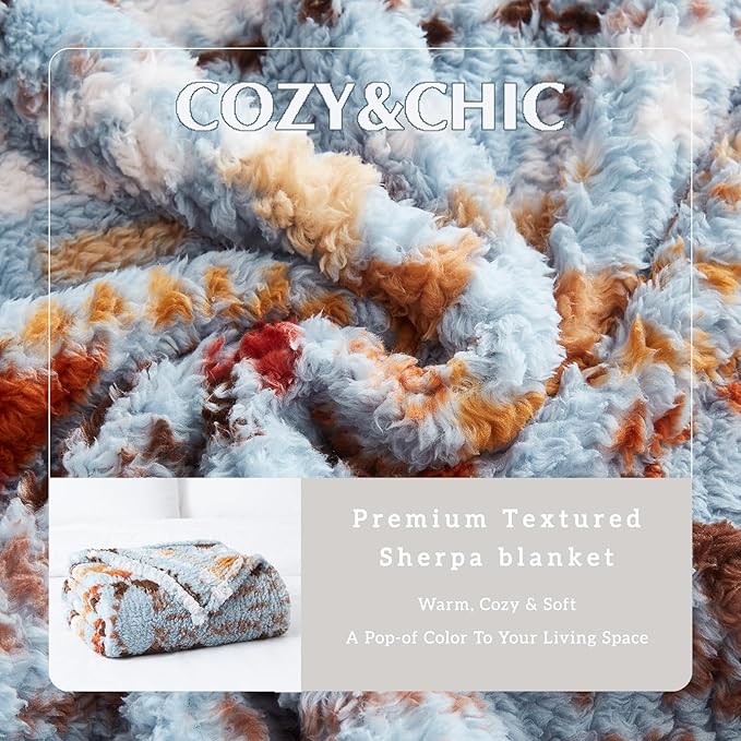 CASAAGUSTO Boho Sherpa Throw Blanket, Aztec Throw Blanket, Ultra Soft, Warm, Cozy, Plush, Thick Fleece Bohemian Blanket for Couch, Bed, Sofa (Blue Grey 50 * 60 Inch)