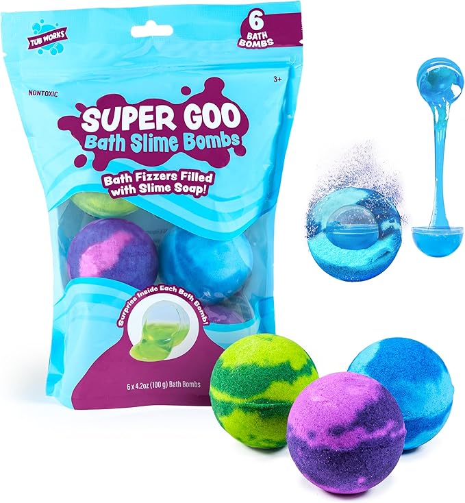 Tub Works Super Goo Bath Slime 'Surprise' Bombs, 6 Pack | Kids Bath Bombs With Surprise Inside | Nontoxic | Stretchy, Squishy Slime Soap | Sensory Fun for Kids