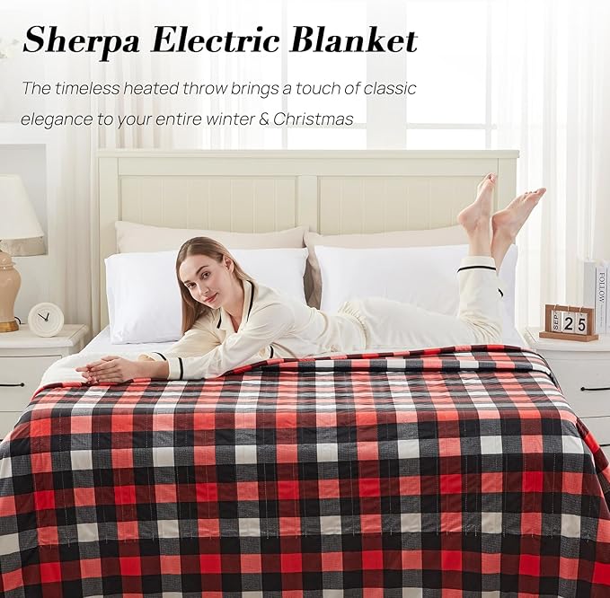 Westinghouse Full Size Heated Blanket Electric Blanket, Flannel & Sherpa Heating Blanket with10 Heating Levels & 1 to 12 Hours Heating Time Settings, Fast Heating Blanket Red Plaid, 72x84 Inches