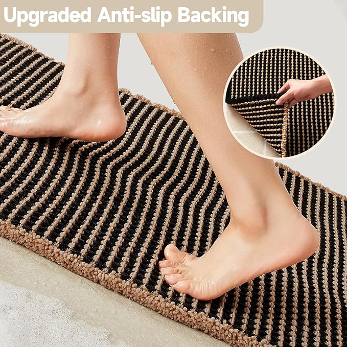 Waffle Bath Mat, Boho Bathroom Rugs Non Slip Washable Super Absorbent Quick Dry Bath Mat Farmhouse Bathroom Decor, 48"x24" Khaki and Black