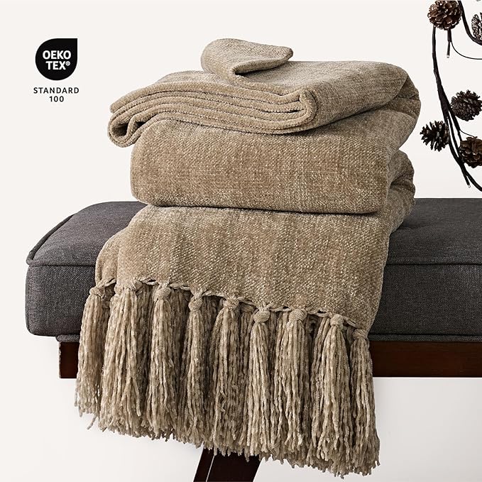 EVERGRACE Soft Chenille Throw Blanket for Couch, Cozy Plush Fuzzy Decorative Chenille Knit Throw Blanket with Tassels, Lightweight Blanket and Throws for Bed Sofa Gift Home Decor, Beige 50"x60"