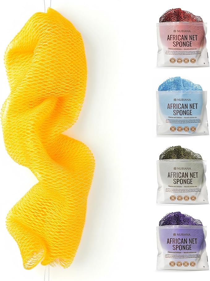 Nubiana African Net Sponge Authentic - 45 Inch Exfoliating Body Sponge from Nigeria - Natural Bath Sponge for Smooth Soft Skin - Long Lasting Quick-Drying - Single Pack (Yellow)